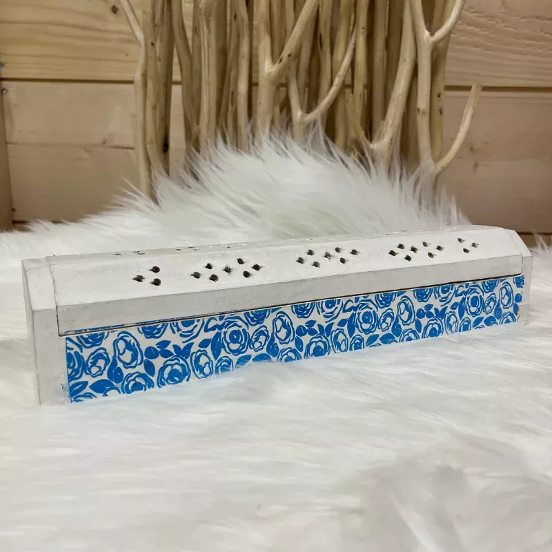 Porte Encens en bois Blanc avec des motifs bleus